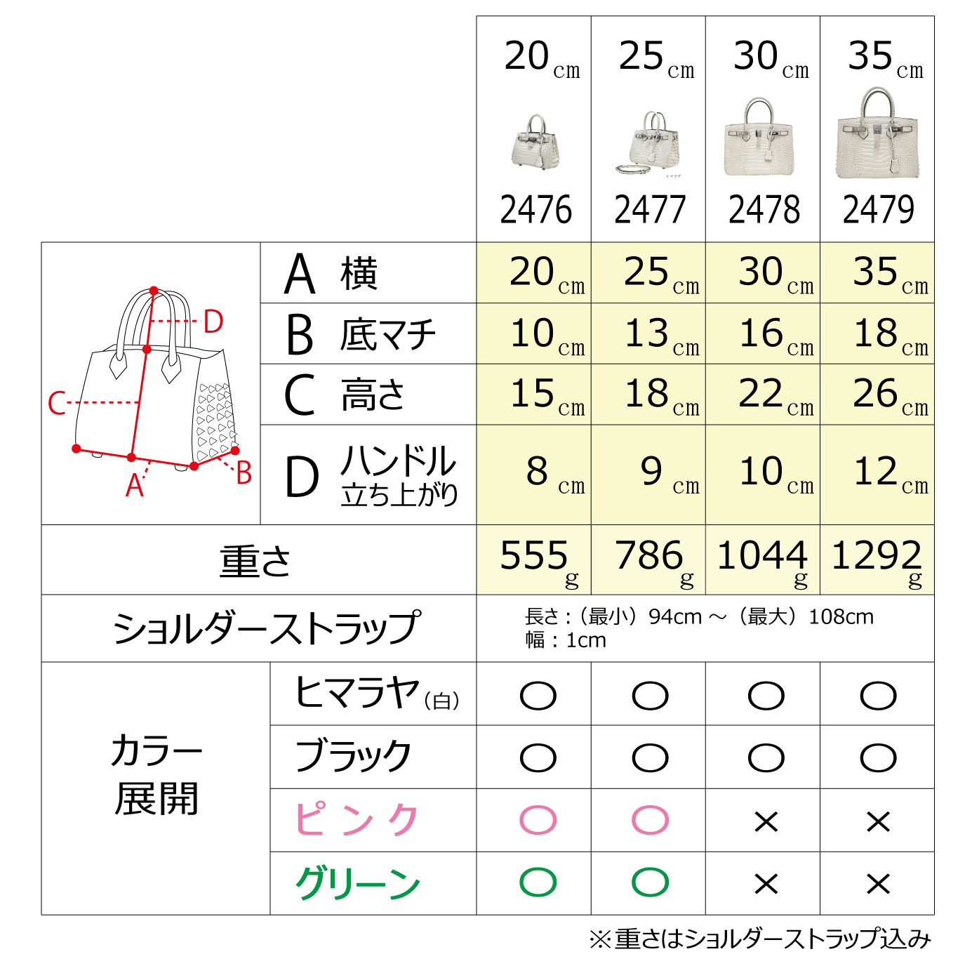 アンコキーヌ：クロコ型押しサイドスタッズバッグサイズカラー展開一覧表